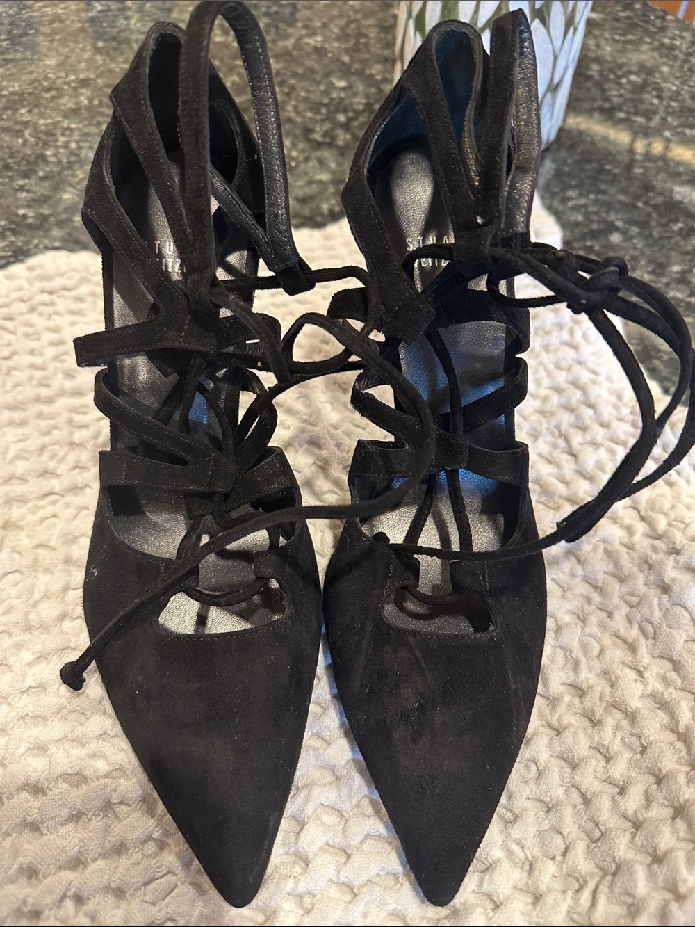 Stuart Weitzman Black Suede Lace-Up Pointed-Toe Heels